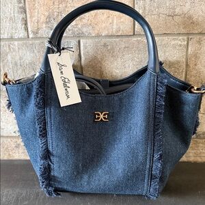 Sam Edelman Dark Navy Denim Fringe Tote with Gold Logo